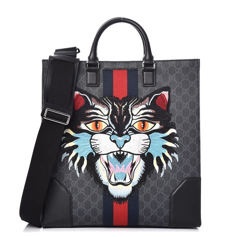 Gucci GG Supreme Tote with Embroidered Angry Cat 